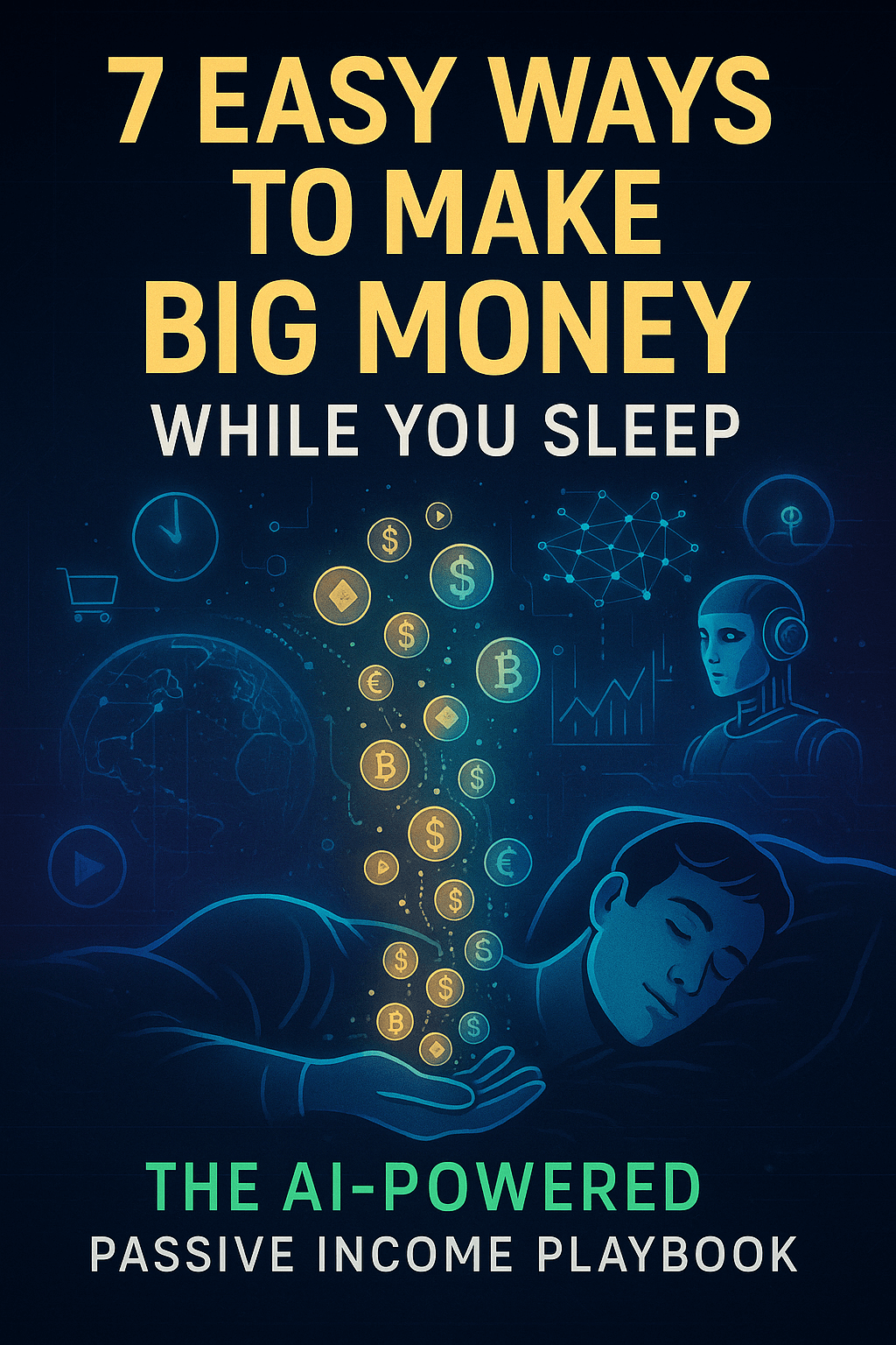 Book cover featuring '7 Easy Ways to Make Big Money While You Sleep' with illustrations of AI and money.