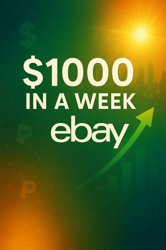 Text graphic promoting earning $1000 in a week through eBay with growth arrow and financial symbols.