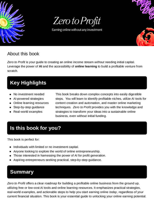Zero to Profit book cover showcasing how to earn online without investment, highlighting key features and benefits.