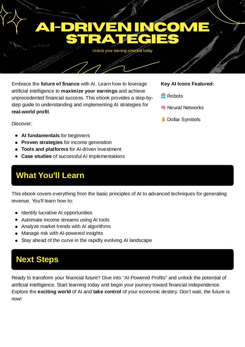 AI-driven income strategies ebook showcasing financial freedom through AI, featuring key icons like robots and dollar symbols.