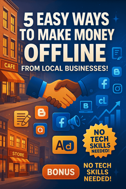 Graphic promoting 5 easy offline money-making methods for local businesses with no tech skills needed.