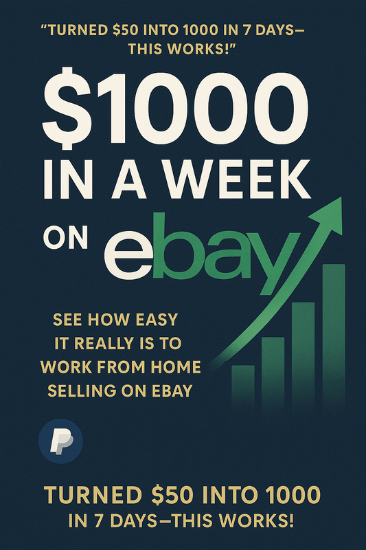 Graphic promoting earning $1000 in a week on eBay with a success story about turning $50 into $1000.