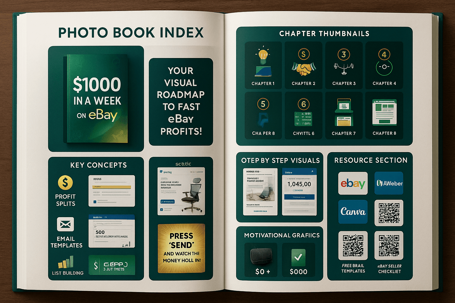 Photo book index showcasing earning $1000 in a week on eBay with chapters, key concepts, and resource visuals.